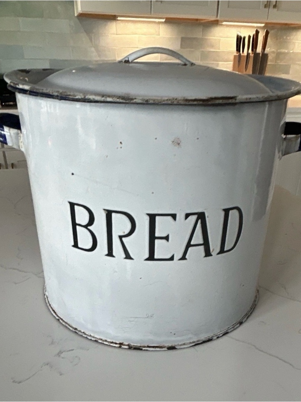 White Enamel Bread Canister with Lid - Farmhouse Kitchen Storage